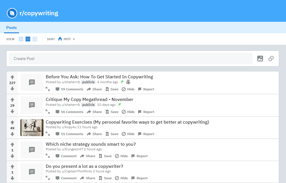 Search results of copy writing on Reddit